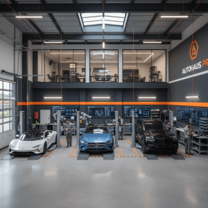Three luxury cars being serviced by technicians in a modern garage